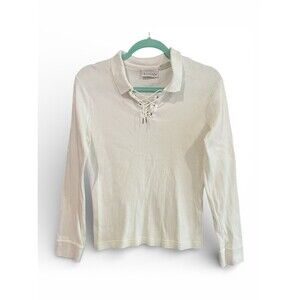 Vtg 90s Ribbed Lace Up Coquette Preppy Collar Cotton Off White